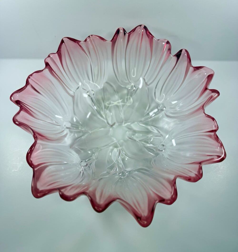Vintage Large Pink & Clear Art Glass Lotus Blossom Bowl Centerpiece Dish 11.5" W